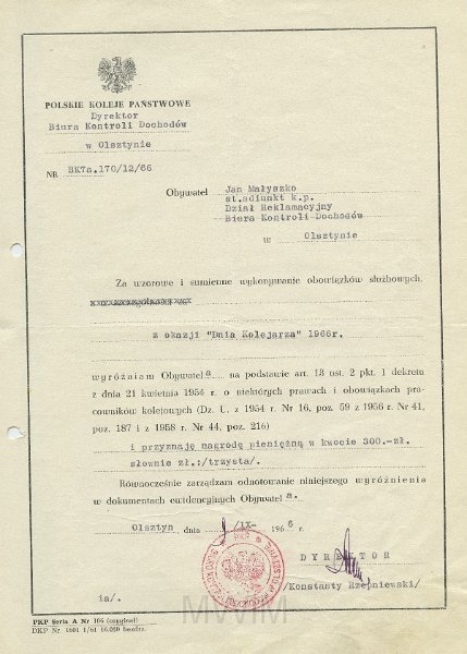 KKE 5618.jpg - Dok. Premia finansowa z okazji Dnia Kolejarza wystawiona przez Polskie Koleje Państwowe w Olsztynie dla Jana Małyszko, Olsztyn, 9 IX 1966 r.